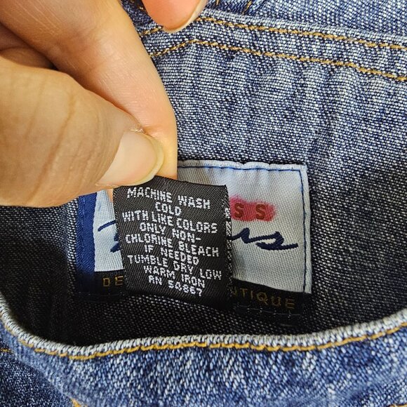 VTG 90s Express Bleus Denim Long Overall Dress M Modest Back Slit Patchwork - Picture 11 of 12